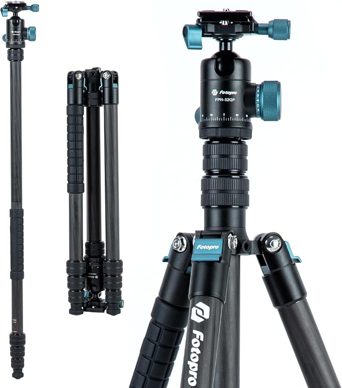 Fotopro 73"/185cm Carbon Fiber Travel Tripod for Camera, 360° Panorama Ball Head, Arca Quick Release Plate and Bag, Detachable Monopod for DSLR Camera Camcorder, Load up to 22lbs/10kg. X-Go Plus Blue by Fotopro