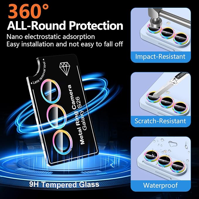 for Samsung Galaxy S26 Camera Lens Protector, Individual Metal Ring Tempered Glass Lens Cover, [Strong Adsorption] Scratch Resistant Ultra-Thin HD Clear Lens Cover, 1 Set-Colorful - Image 2