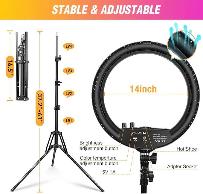 Ring Light with Tripod Stand, Yesker 14 Inch LED Ringlight Kit with Phone Holder Adjustable Color Temperature Circle Lighting, Led Photo Beauty Ring Lights for Camera for Vlog, Makeup, Video Shooting - Image 2