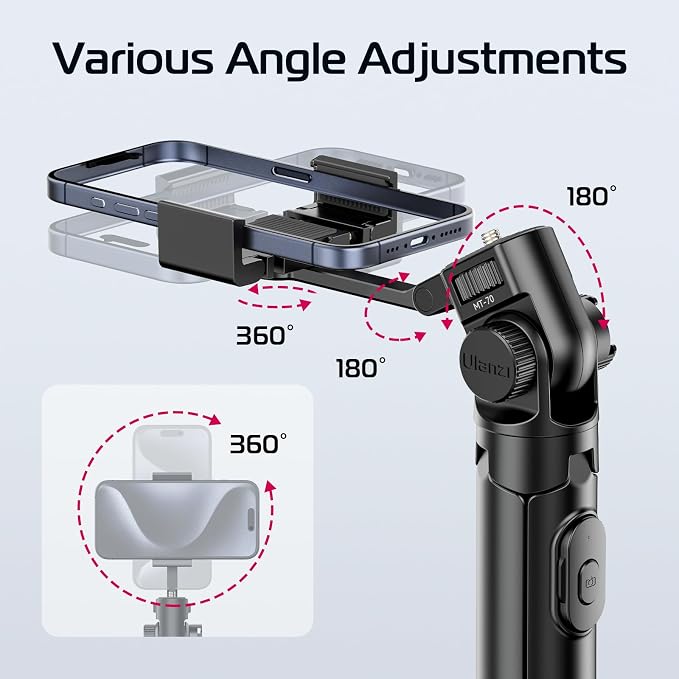 ULANZI MT-70 Extendable Tripod, 63" Selfie Stick Vlog Stand w 2 Phone Clips | 360° Rotate, Two Clips as Teleprompter, Cold Shoe, Camera Holder Extendable Tripod for iPhone Pocket 4 Luna Nano - Image 3