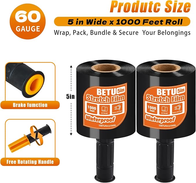 Black Stretch Film Shrink Wrap for Moving Supplies (5inch, 2 Pack) x 1000ft, Industrial Strength Plastic Wrap Stretch Roll for Pallet Wrapping Shipping Moving Boxes Storage Furniture with Handles - Image 2