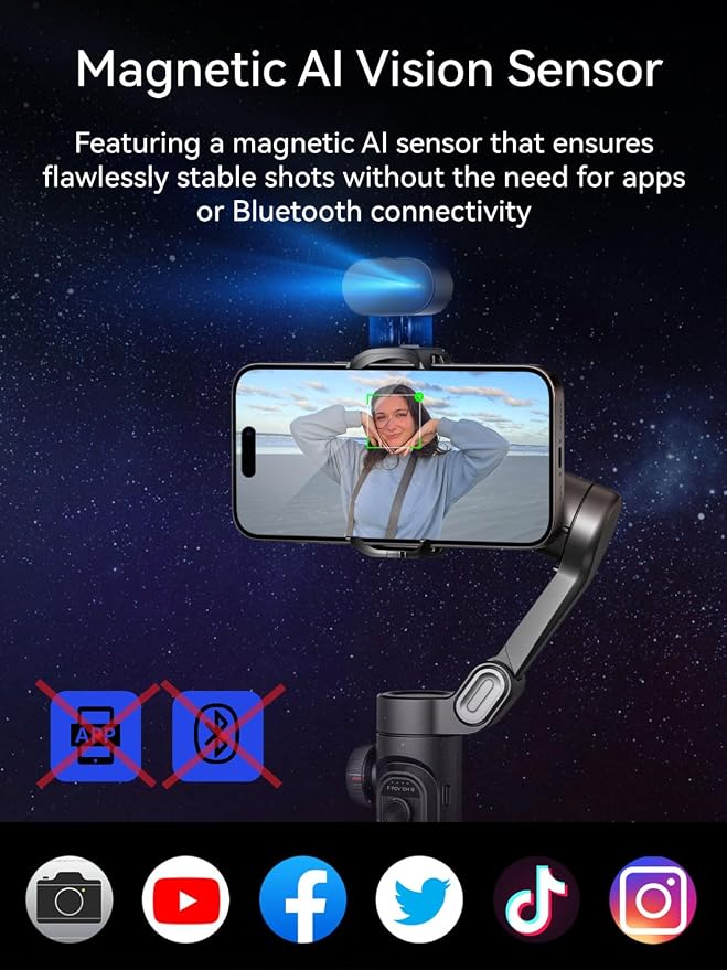 AOCHUAN Gimbal Stabilizer for Smartphone w/AI Tracking Sensor | Gimbal with Focus Wheel for Phone/Android, Phone Stabilizer with 7.0 Anti-Shake for Video Recording-Smart XE AI - Image 2
