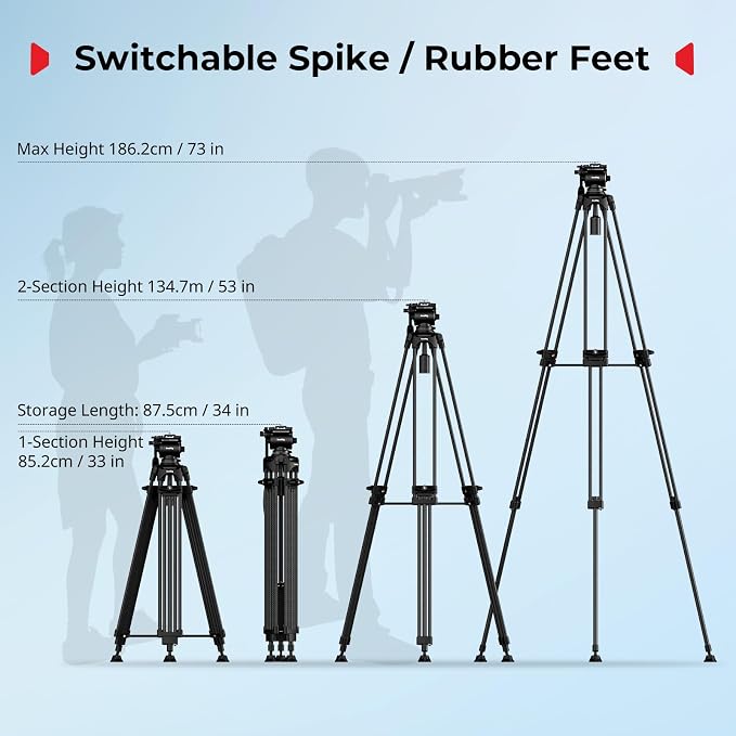 SmallRig FreeSpeed Heavy Duty Carbon Fiber Video Tripod, 73" Camera Tripod with Fluid Head for Manfrotto Plate, One-Knob Quick Extend, 75mm Bowl, Weigh 7.5lb, Load up 22lb for DSLR Camera, Camcorder - Image 8