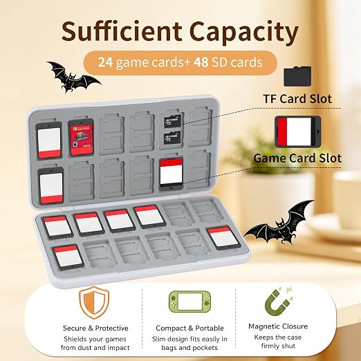 PERFECTSIGHT Switch Game Card Case for Nintendo Switch 2/ Lite / OLED, Switch 2 Game Holder Cartridge Case for Game Cards and 48 SD Cards, Cute Kawaii Portable Compact Storage Box, Bat - Image 2