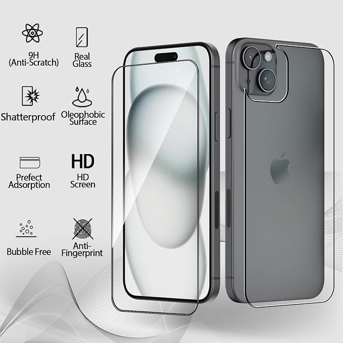 Front and Back Protector for iPhone 15 Plus + Camera Lens Protector | (2+2+2) 9H Hardness, Easy to Install with Alignment Tool,Case Friendly - Image 2