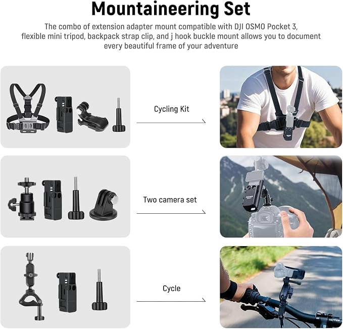NEEWER Basics 16 in 1 Accessories Kit Compatible with DJI OSMO Pocket 3, Mini Tripod Selfie Stick Chest Strap Magnetic Neck Mount Extension Adapter Mountaineering Cycling Dual Cam Vlog, GP-52 - Image 2