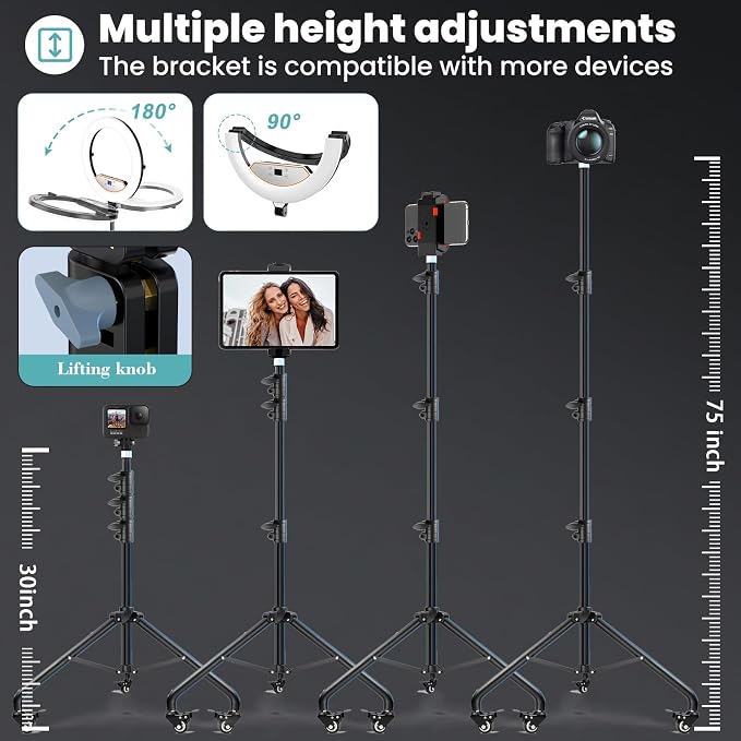 18" Foldable Ring Light with Stand for iPhone ipad Camera, 75" Tripod with Wheels 38W 6500K LED Display/Remote/2 USB Ports Large Big Ringlight Rolling for YouTube Facebook TikTok Live Video Recording - Image 7