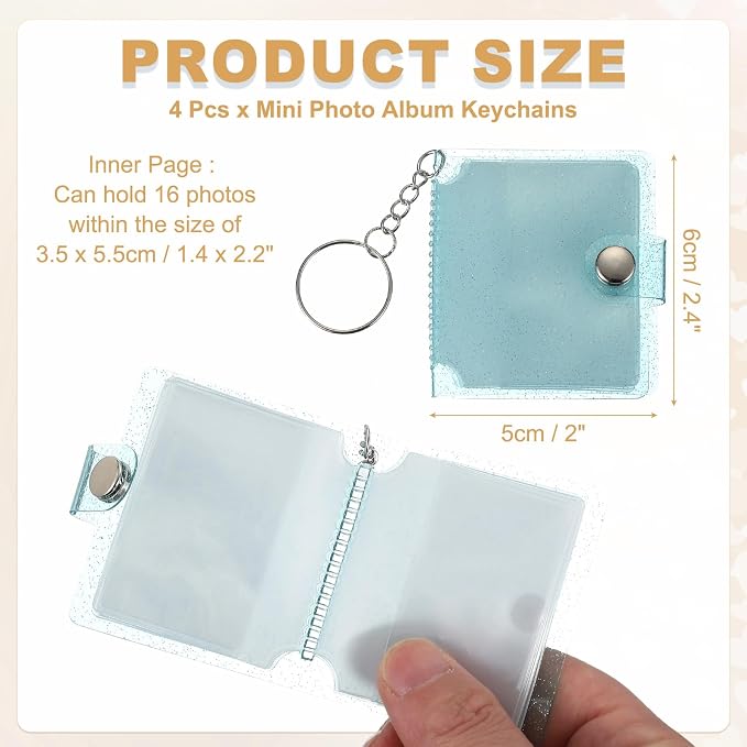 uxcell 4 Pcs Mini Photo Albums, 2.4 Inch PVC Small Photo Storage with Keychain Photo Album with 16 Pockets for Pictures Valentine's Day Gift Wedding, Blue - Image 2