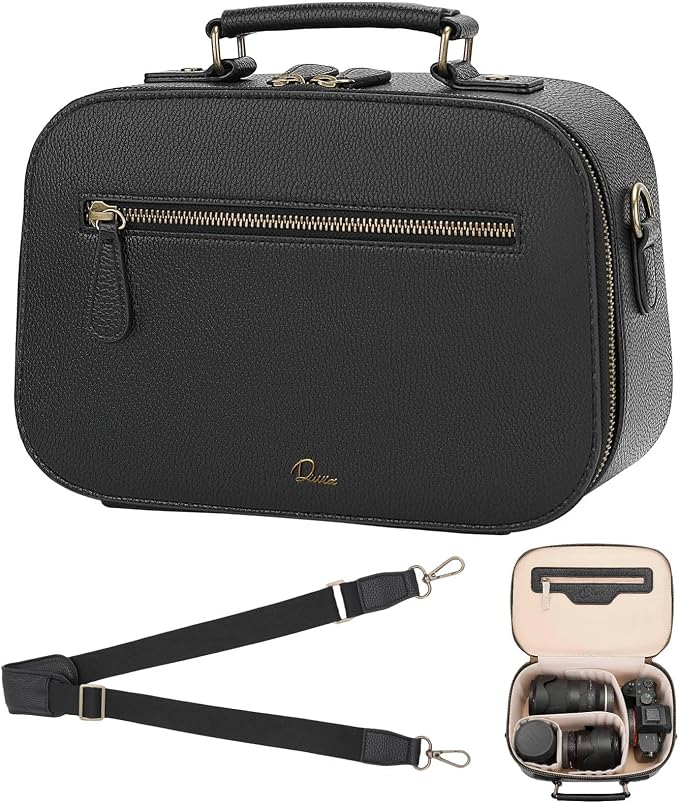 Camera Sling Bag, Waterproof PU Leather Crossbody Camere Bag for Photographers, Small Shockproof Case with Removable Dividers for DSLR/SLR/Mirrorless, 4L Black by Divvia