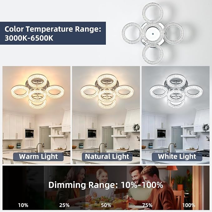 Modern Ceiling Light, 5 Rings 16.9'' Dimmable LED 49W Flush Mount Ceiling Lights with Remote Acrylic Crystal Round Ceiling Light Fixture, Bedroom Living Room Dining Room, Chrome - Image 2