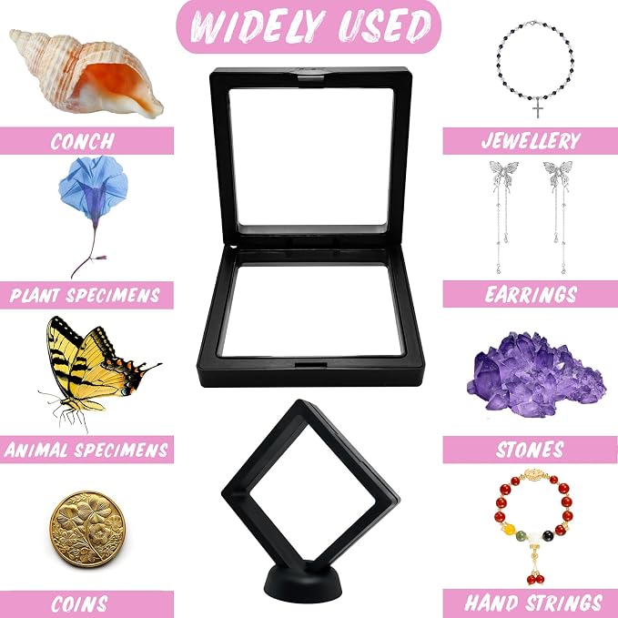 3D Floating Frame Display Cases, 10Pcs Transparent PE Film Jewelry Storage Box with Base Challenge Coin Display Frames Holder Stands Small Shadow Box Frame for AA Medallions Medal, Rock, Ring Necklace - Image 4