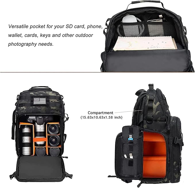 MOSISO Camera Backpack, DSLR/SLR/Mirrorless Photography Tactical Camera Bag | Camera Case with Tripod Holder & 15-16 inch Laptop Compartment & USA Flag Compatible with Canon/Nikon/Sony, Night Camouflage - Image 2