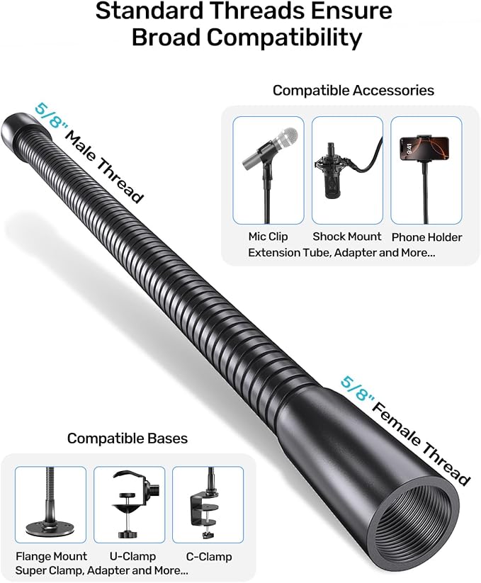 13" Microphone Gooseneck Extension, 5/8-27 Thread, 360° Swivel, Heavy Duty | 2.5 lb High Load Capacity, Flexible Metal Arm, Durable Build, Supports Mic/Webcam/Phone for Podium, Lecture, Recording, DIY - Image 5