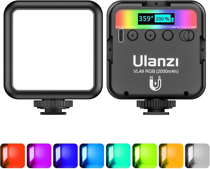 ULANZI VL49 RGB Video Lights LED Camera Light with 3 Cold Shoe & 1/4 Screw | 2500-9000K CRI 95+ 2000mAh Magnetic Rechargeable Small Camera Panel Fill Light for Photography, Content Creator, Streaming by ulanzi