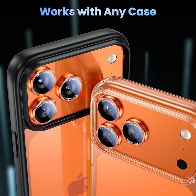 Uyiton for iPhone 17/16/15/14 (Pro Max & Pro) Camera Lens Protector | Unique Lines Text Design, Case-Friendly, Military-Grade Sapphire Glass Metal Camera Cover, Cosmic Orange+Red - Image 5