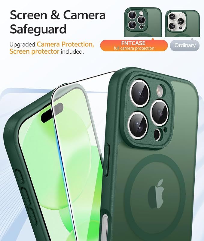 FNTCASE for iPhone 16 Pro Max Case, Fit for Magsafe, Glass Screen Protector | Full Camera Protection, Translucent Matte, 14FT Military Grade Drop Proof, Shockproof Protective Phone Cover, Green - Image 4