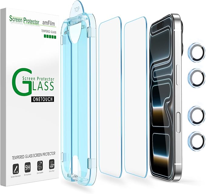 amFilm OneTouch for iPhone 17 Pro Screen Protector 6.3'' Tempered Glass | Auto-Alignment, 30s Install, Bubble Free, Scratch & Drop Protection, HD Clear, Camera Lens Protector[2+2 Pack] (17P-6.3'') by amFilm