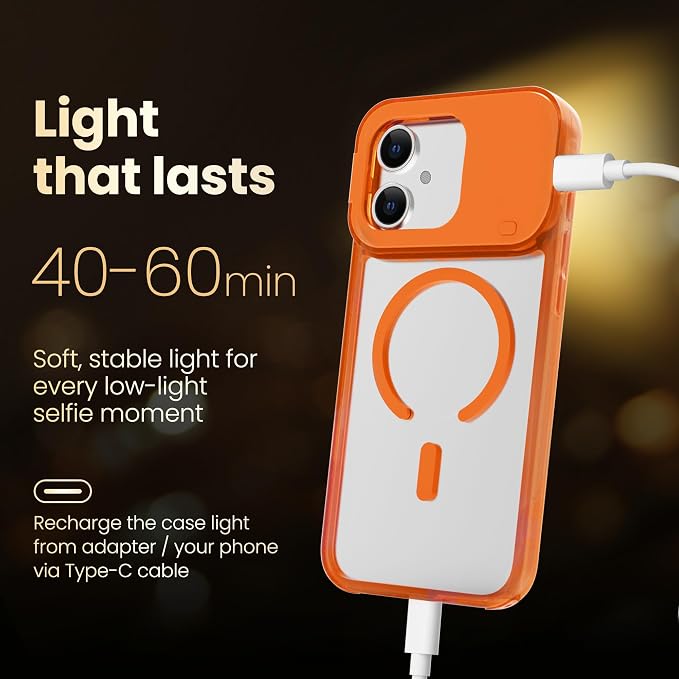 for iPhone 16 Case with Selfie Light, 3 Color Modes Orange | Compatible with MagSafe,Brightness Control, Memory Setting, USB-C Light Charging, Cable Included - Image 5