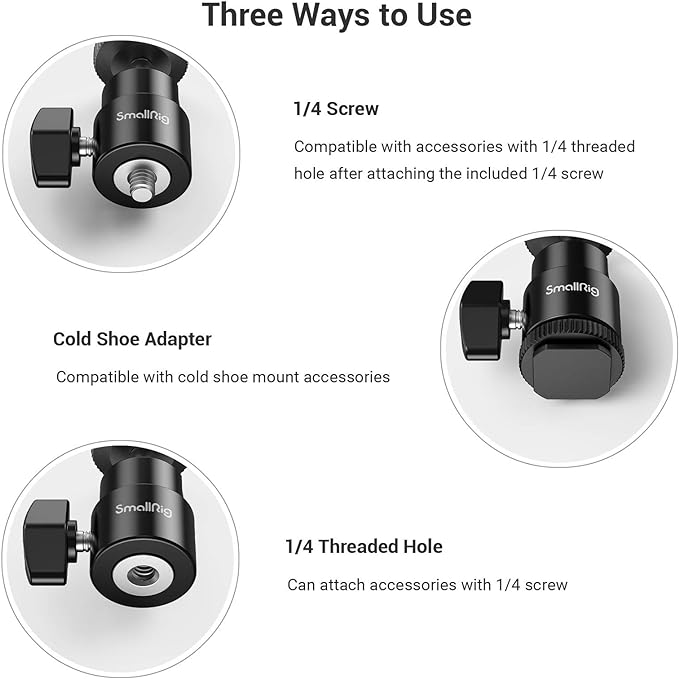 SmallRig 1/4" Camera Hot Shoe Mount, Ballhead Tripod with Additional 1/4" Screw, 2pcs Pack - 2059 | 1/4" Screw to Hot Shoe Adapter, Ballhead for 360° Adjustment, Includes Extra 1/4" Screw, 2pcs, Maximum Load 3kg - Image 4