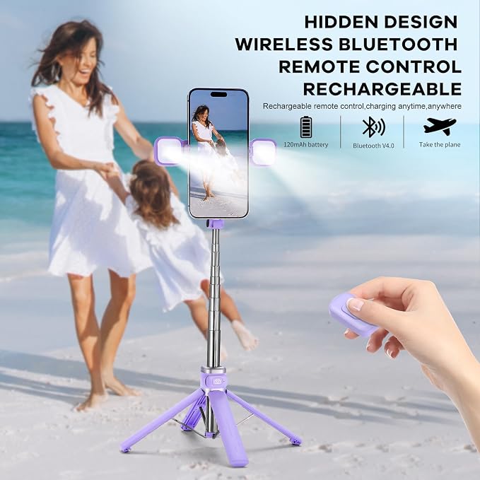 MQOUNY Mini iPhone Tripod Stand & Selfie Stick with Wireless Remote & Removable Light, Extendable Stand 360 Rotation Compatible with iPhone & Android Samsung (Purple) - Image 4