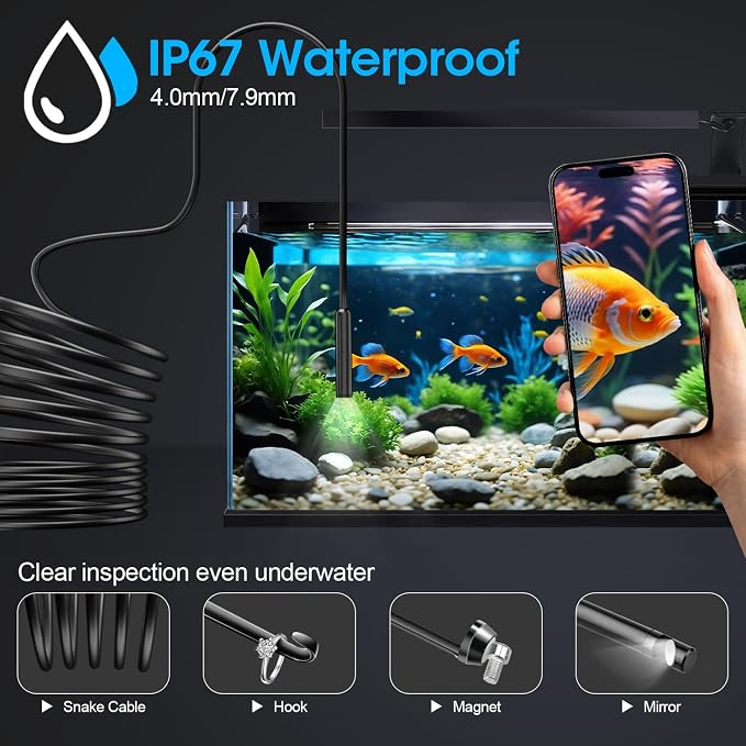 Endoscope with Light, 1920P HD Borescope with 8 Adjustable LED Lights, Semi-Rigid Snake Camera, IP67 Waterproof Inspection Tool (16.4ft, Black Harness + Single Lens) - Image 4