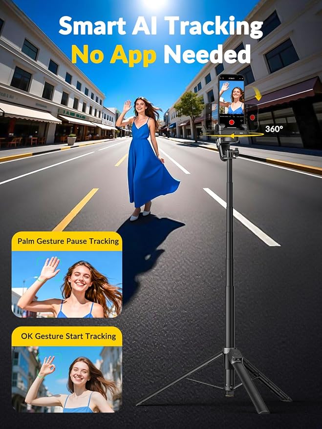 AOCHUAN M3Pro 4-in-1 Smartphone Gimbal Stabilizer for iPhone, AI Tracking | Auto-Open Tripod, No App AI Face Tracking, RGB Fill Light, Magnetic Remote, Built-in Extension rod, for Travel, Vlog, Black - Image 3