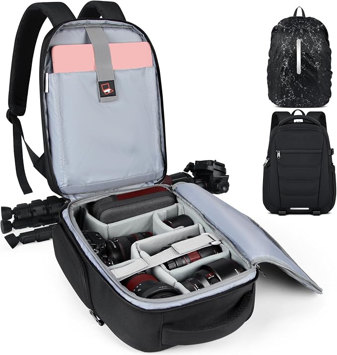 SDYSM Camera Bag Backpack Professional for DSLR SLR Mirrorless Camera Waterproof Laptop Back Pack 14 Inch with Rain Cover Anti Theft Travel Case Large Capacity Photography Backpack Black | 14 Inch Waterproof Camera Laptop Backpack with Rain Cover Anti ... by SDYSM