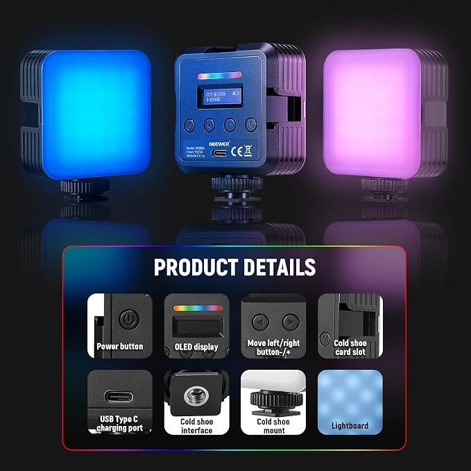 NEEWER Magnetic RGB Video Light, 2 Pack RGB61 LED Camera Light | 360° Full Color, 3 Cold Shoe Mounts, 20 Scenes, 2500K-8500K, 2000mAh Rechargeable, Portable Photography Selfie Lighting - Image 8