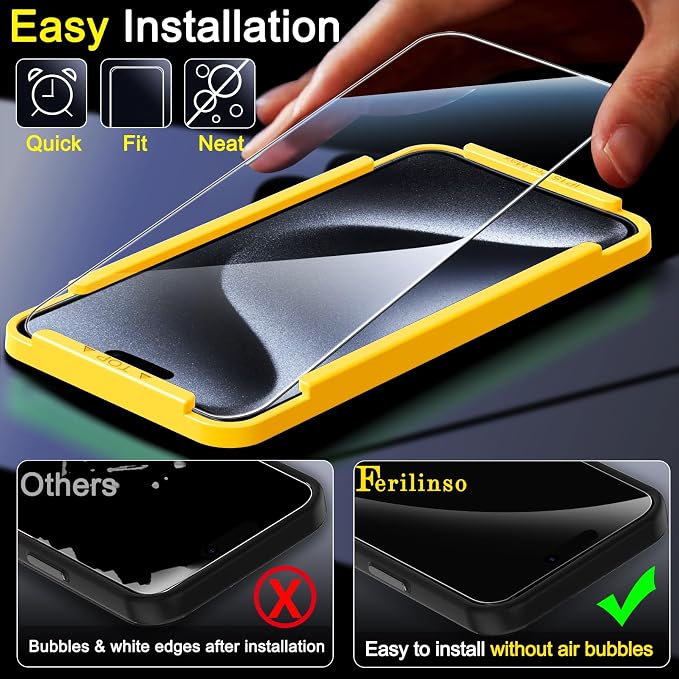 Ferilinso 3 Pack Screen Protector for iPhone 15 Pro Max, Tempered Glass | 9H+ Hardness, Military-Grade Shatterproof, HD Clear, Case Friendly, Easy Installation Bubble Free, with Camera Lens Protector - Image 5