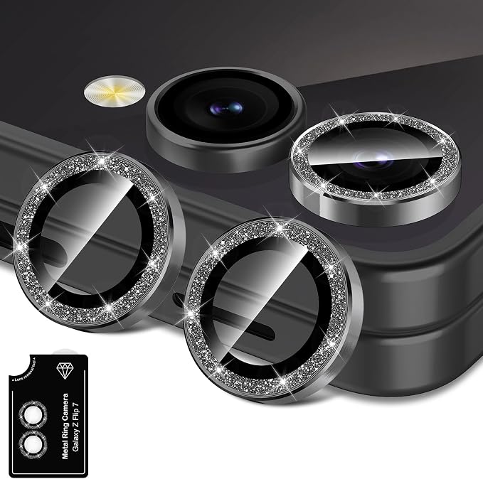 for Samsung Galaxy Z Flip 7 Camera Lens Protector, Individual Metal Ring Tempered Glass Lens Cover, [Strong Adsorption] Scratch Resistant Ultra-Thin HD Clear Lens Cover, 1 Set-Black Sparkly by Btscase