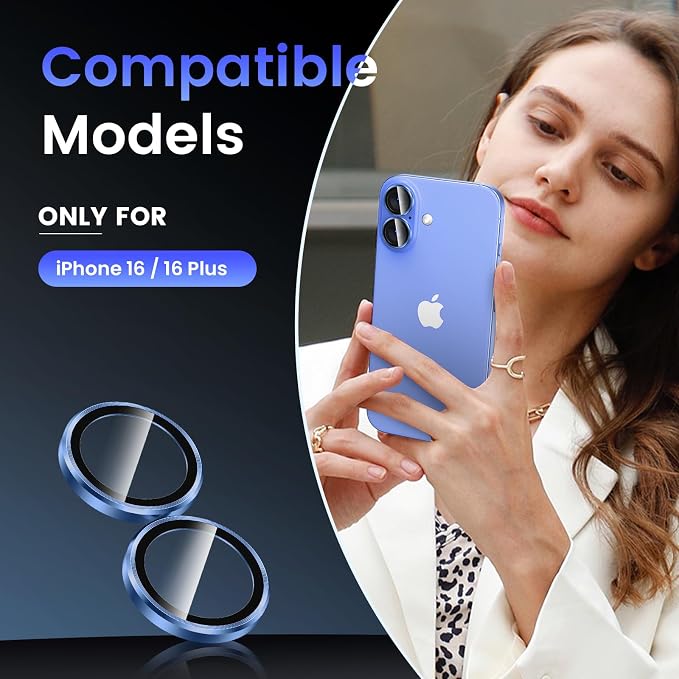 Tensea for iPhone 16/16 Plus Camera Lens Protector, Camera Cover | 9H Tempered Glass Camera Screen Protector, Metal Individual Ring for iPhone16 6.1inch/ 16Plus 6.7inch, HD Clear, Easy Install - Image 2