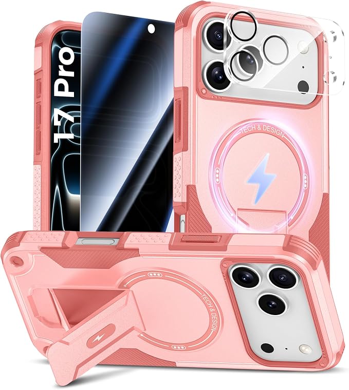 Goton 3 in 1 for iPhone 17 Pro Case with Privacy Screen Protector Pink | Glass Camera Lens Protector,Compatible for MagSafe,Invisible Kickstand, Shockproof Phone Cover for iPhone 17Pro by Goton
