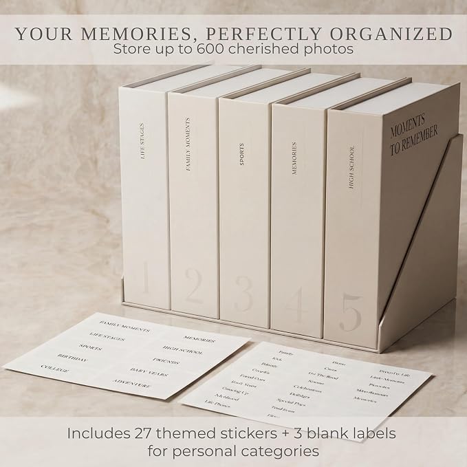 ZICOTO Decorative Photo Storage Box Set of 5 for 4x6 Pictures with Dividers | Sturdy Photo Album Organizer Boxes with Pre-printed Labels Keep Pictures Beautifully Organized on Your Home Decor Shelf - Image 9