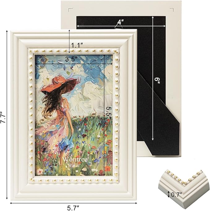 4x6 Picture Frame in Beige with Classic Gold Beaded Border, Solid Wood with Real Glass, Vertical and Horizontal Desk Tabletop or Wall Hanging - Image 3