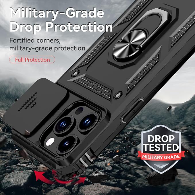 HNHYGETE for iPhone 15 Pro Case with HD Screen Protector: [Military Grade 20ft. Drop Tested] Slide Camera Cover Ring Shockproof Protective Phone Case for - iPhone 15 Pro (Black) - Image 3