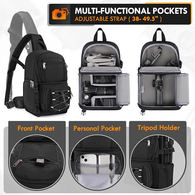 RAINSMORE Camera Sling Bag, Small Dslr/Mirrorless Camera Bag & Case | Waterproof Camera Bags for Photographers, with Removable Padded Insert & Tripod Holder, Compatible with Canon/Nikon/Sony/Fuji - Image 3