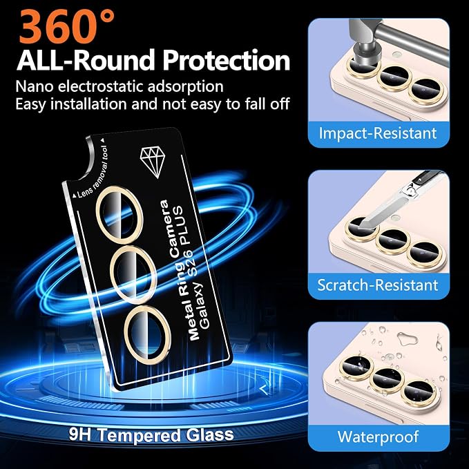 for Samsung Galaxy S26 Plus Camera Lens Protector, Individual Metal Ring Tempered Glass Lens Cover, [Strong Adsorption] Scratch Resistant Ultra-Thin HD Clear Lens Cover, 1 Set-Gold - Image 4