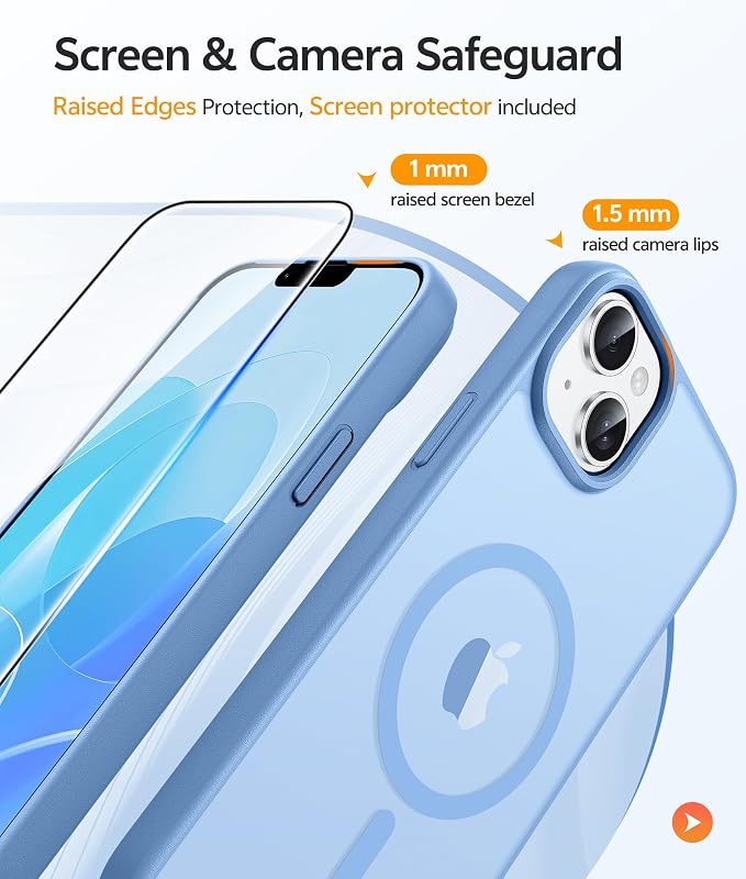FNTCASE for iPhone 15/14 Plus Case, Fit for Magsafe, Screen Protector | Translucent Matte Magnetic Back, 14FT Military Grade Drop Protection, Shockproof Protective Phone Cover, Light Blue - Image 4