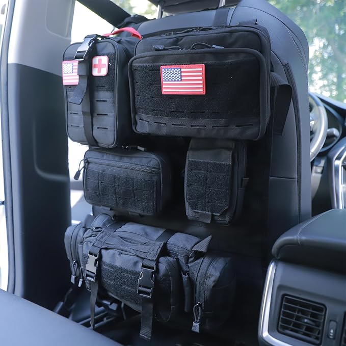 Universal Tactical Car Seat Back Organizer Bag Tactical Molle Vehicle Organizers Panel Vehicle Protector Organizers with 5 Detachable Pouches for Car Truck Ford Jeep (Upgraded D model Black) - Image 6