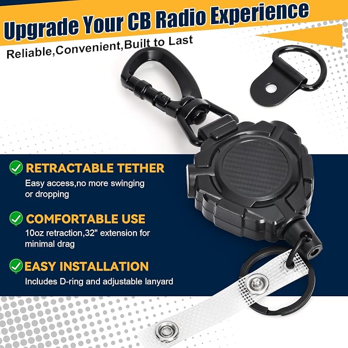 CB Mic Retractable Holder, Heavy Duty 32" Stainless Steel Tether | Includes 1 D-Rings & 1 Adjustable 12" Nylon Lanyards, For Truckers & CB Radios - Image 3