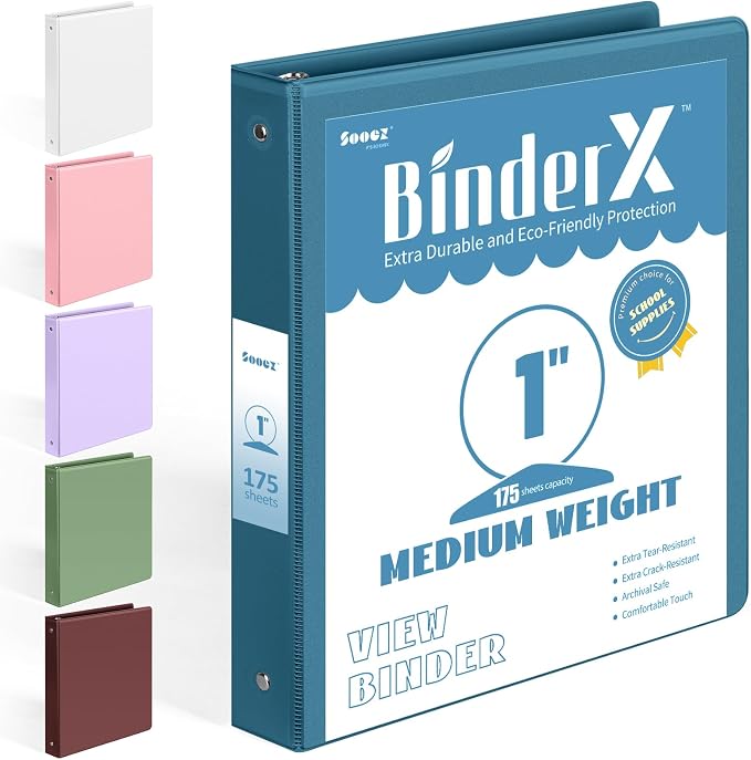 BinderX 3 Ring Binder 1 Inch, 1" Clear View Binder, Navy Blue, Letter/ A4 | Extra Durable, PVC-Free, Customizable, Interior Pockets, 175-Sheet Capacity, Eco-Friendly, Reinforced Hinge, School, Office by Sooez