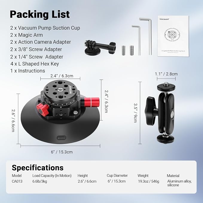 NEEWER 6" Suction Cup Camera Mount with Ball Head Magic Arm, 2 Pack, CA013 | Metal Car Mount for Camera/Action Camera/Phone, Air Pump Vacuum, On Car or Window Glass, 1/4" 3/8" Mounting Holes for ARRI - Image 9