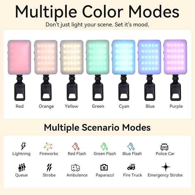 Portable RGB Selfie Light with 2000mAh Power Bank, CRI96+ Clip Fill Light | 3 Adjustable Color Tones, Scroll Wheel Dimming, Multi-angle 360° Rotation, Camera Hot Shoe Adapter, Reverse Phone Charging - Image 3
