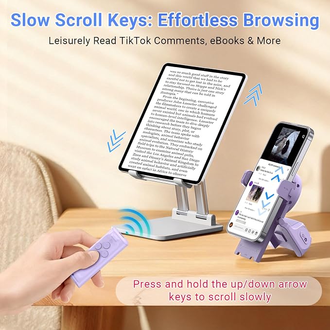 MILOUZ Remote Control Scrolling for Tiktok with Phone Stand,Page Turner for Kindle App E-Book,Bluetooth Camera Shutter Remote for iPhone, Android,iOS,iPad,Tablet (Purple) - Image 5