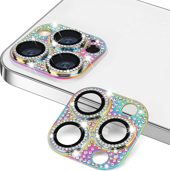 for iPhone 13 Pro & iPhone 13 Pro Max Camera Lens Protector, Bling 3D Rhinestone Diamond 9H Tempered Glass Camera Cover Anti Scratch Shockproof Metal Lens Screen Full Protective Cover -Colorful by Hsefo
