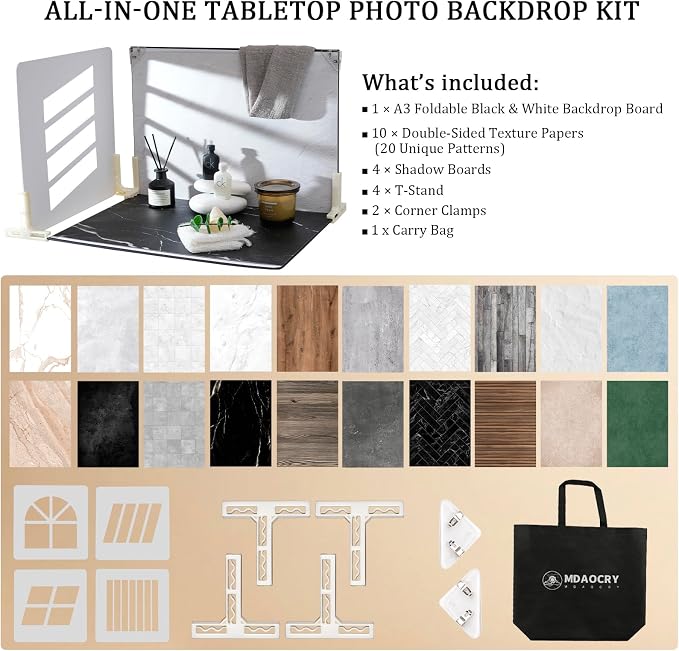 16 x 11.5 in Photo Backdrop Kit, 10 Sheets, 20 Patterns, 4 Shadow Boards | Creates 4 Window-Style Light Effects for Food, Jewelry, Cosmetics and Other Small Product Photos, Flat Lays and Videos. - Image 2