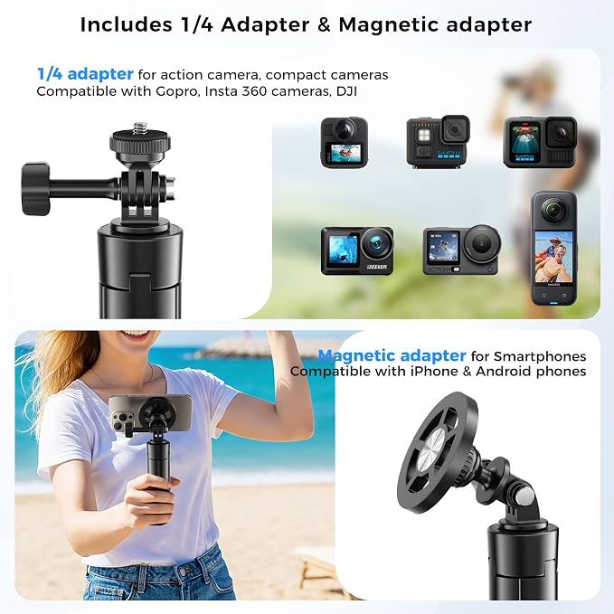 25 Inch Magnetic Selfie Stick Tripod, 5-in-1 Compact Phone and Camera Stand with 1/4-Inch Adapter, Lightweight Travel Grip for iPhone, Osmo Pocket 3, Action Cameras and Vlogging - Image 2