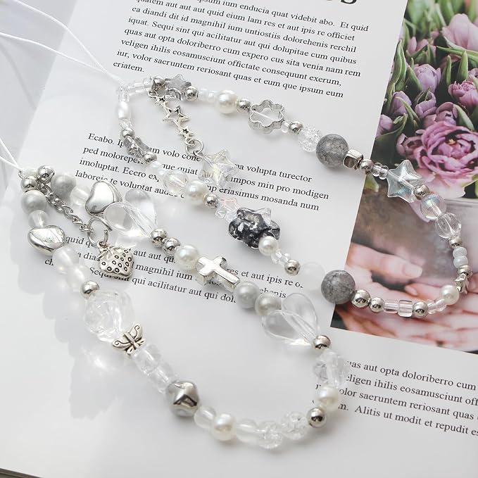 Beaded Camera Wrist Strap,Cute Phone Charm Decor,Pearl Bracelet Wrist Strap | Phone Keychain Decoration for Wallet,Durable Nylon Rope Lanyard,Compatible with all Phone Case,Silver Star - Image 2