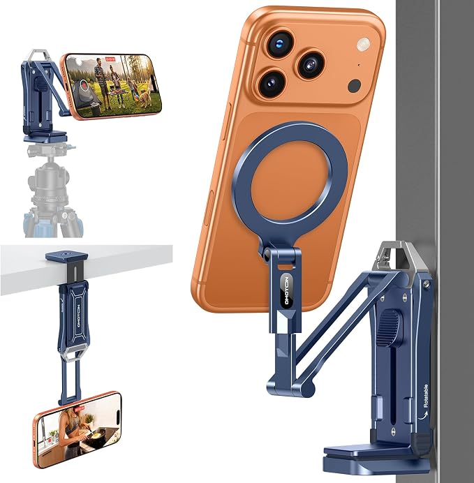 OMOTON TP02-Pro Magnetic Phone Holder, 5-in-1 Tripod Stand with Rear Attachment Plate | Desk, Kitchen, Gym, Vlogging | iPhone 12-17 Series, Blue by OMOTON