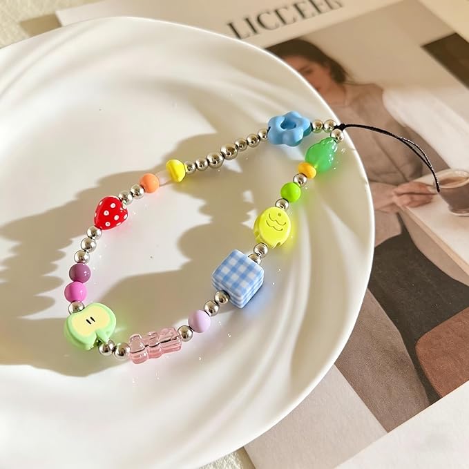 2 Pcs Phone Charm Strap Hand Wrist Strap Camera Lanyard Pearl Beaded Cute Chain String Accessories Universal for iPhone 17 Pro Max 16 15 14 for Samsung Women Girls Keychain Brown Bead and Kawaii Fruit - Image 5